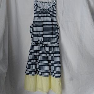 Navy/White Striped halter dress with yellow hem